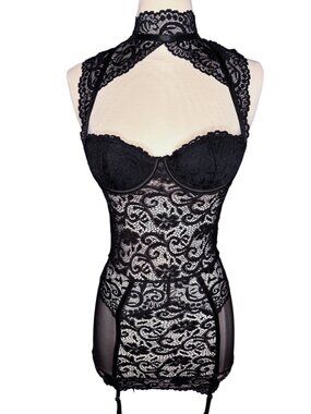 Frederick's of Hollywood X Megan Fox Black Lace Goth Mesh Lingerie Garters Sz S